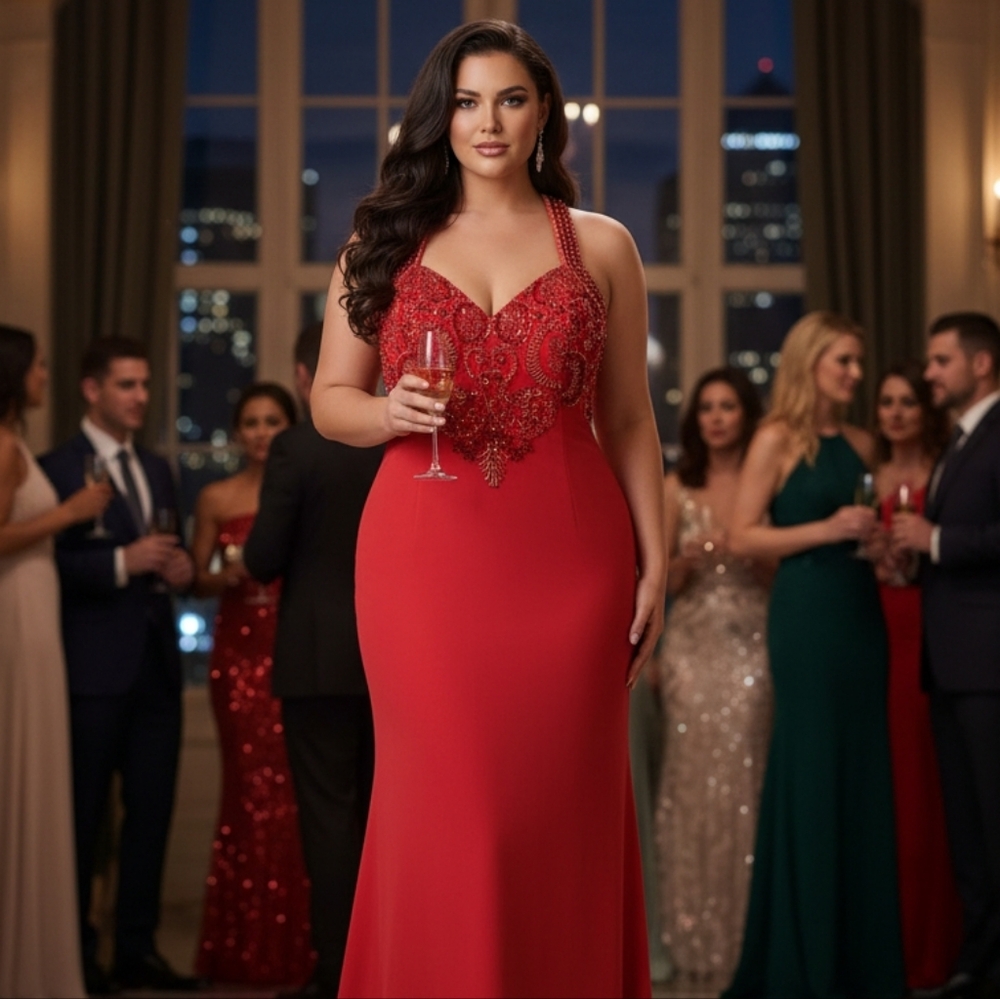 Red/Coral Alyce Paris beaded gown size 14 / 16